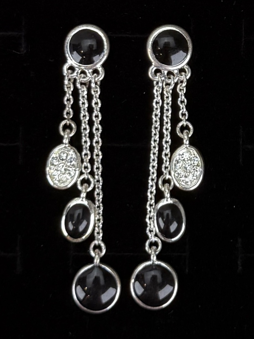 Beautiful, black enamel silvertone, bling pierced dangle earrings